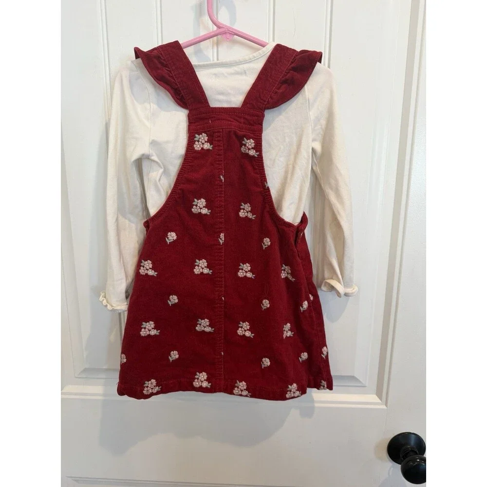 Cupcakes and Cashmere Girls 4T Corduroy Jumper Dress Floral Embroidered Red Set